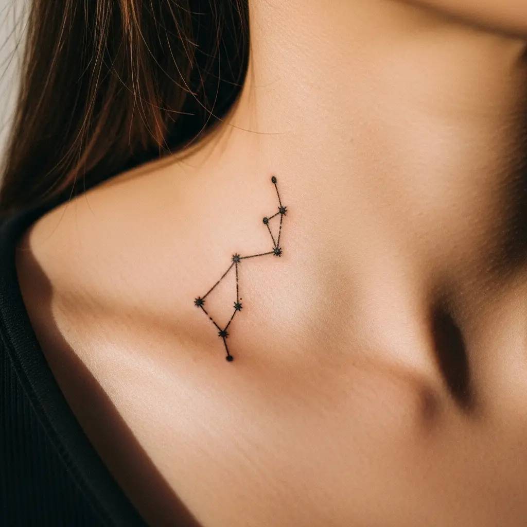 Winziges Sternbild Tiny Tattoo am Schlüsselbein mit feinen Linien