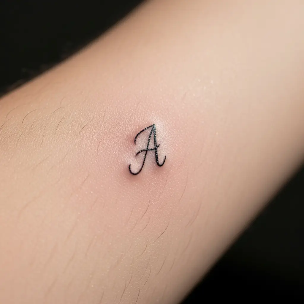 Tiny Tattoo mit minimalistischer Schrift-Initiale am Unterarm
