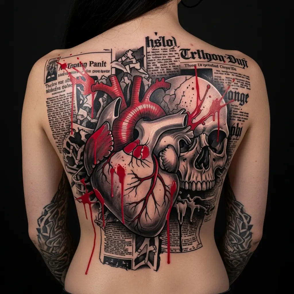 Grossflächiges Trash Polka Tattoo am Rücken mit anatomischen und abstrakten Elementen