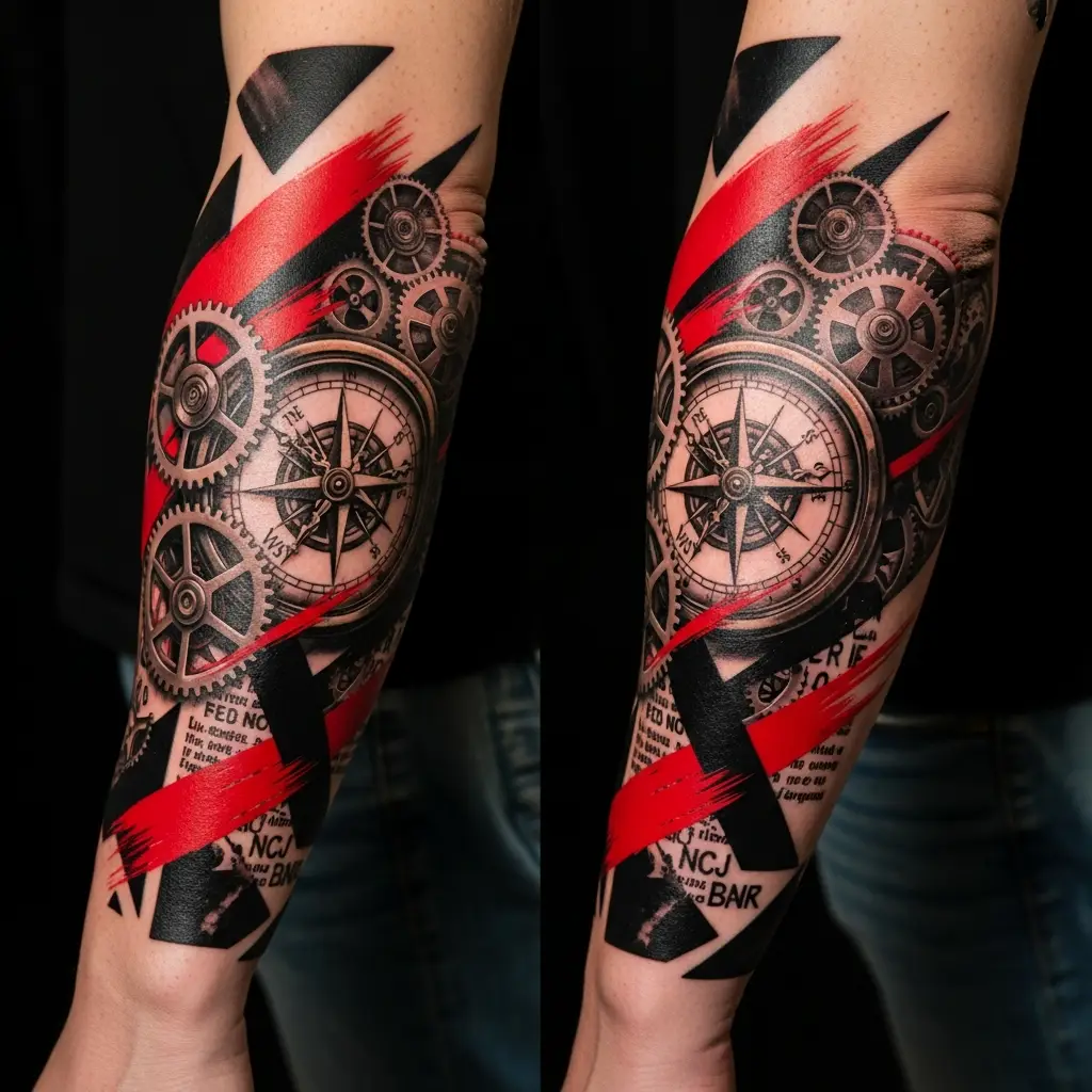 Trash Polka Sleeve mit Uhrwerk-Motiv und typografischen Elementen am Unterarm