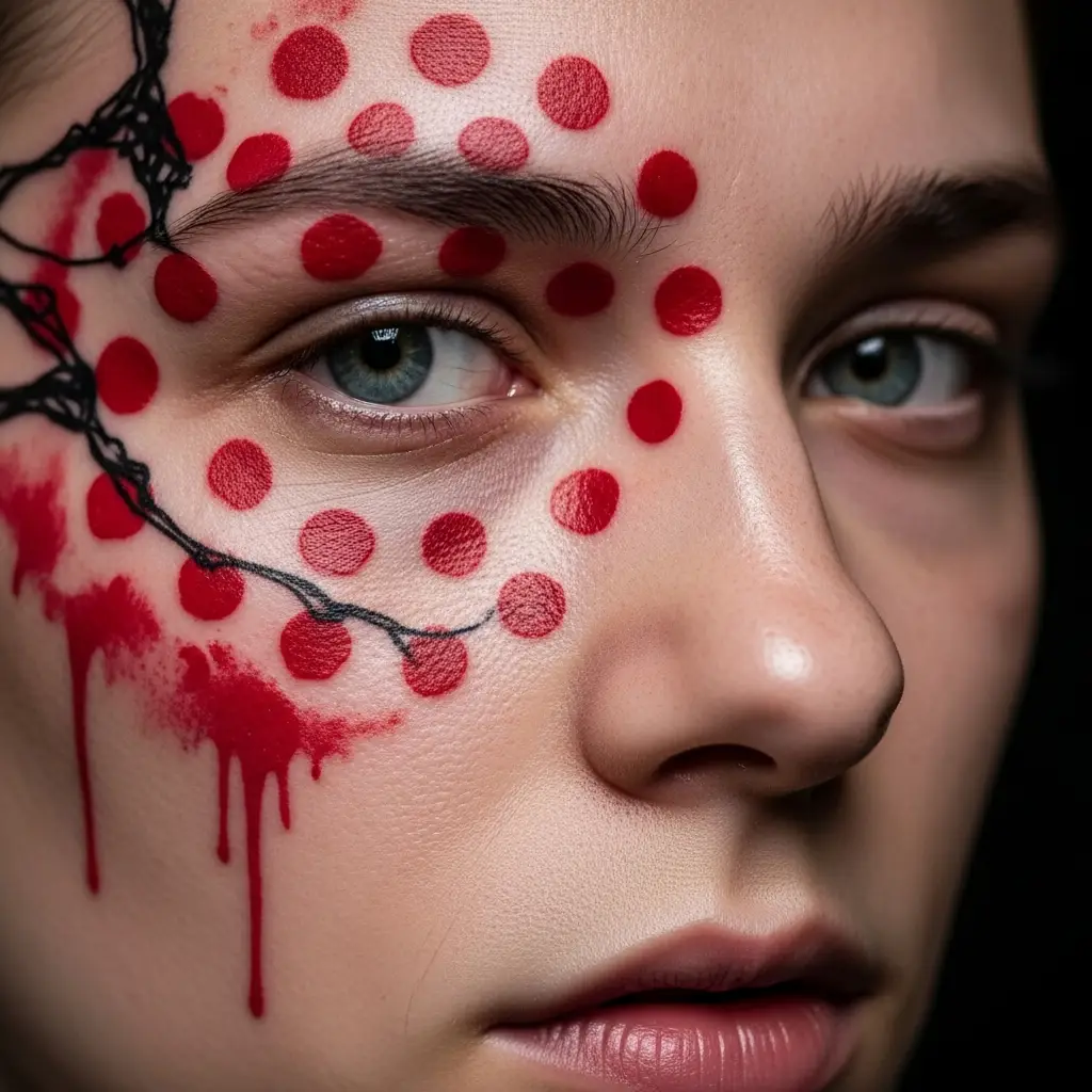 Detailaufnahme eines Trash Polka Tattoos mit Gesichtsportrait und roten Farbflächen