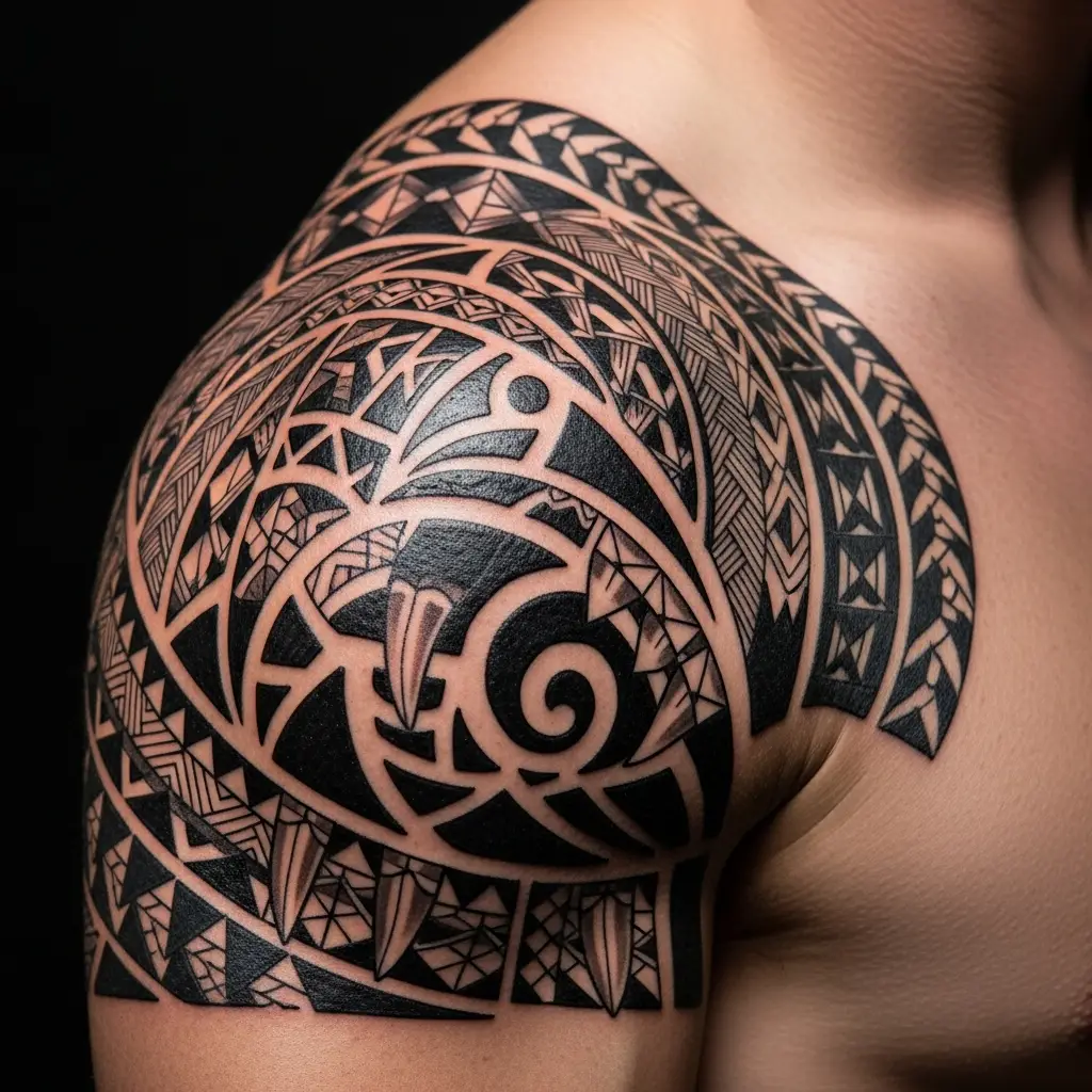 Tribal Tattoo mit polynesischen Mustern auf der Schulter eines Mannes