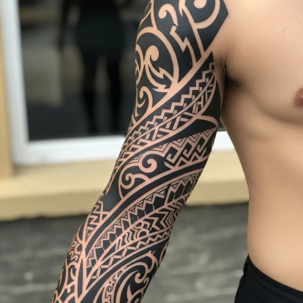 Grossflächiges Tribal Tattoo als Sleeve auf dem gesamten Arm