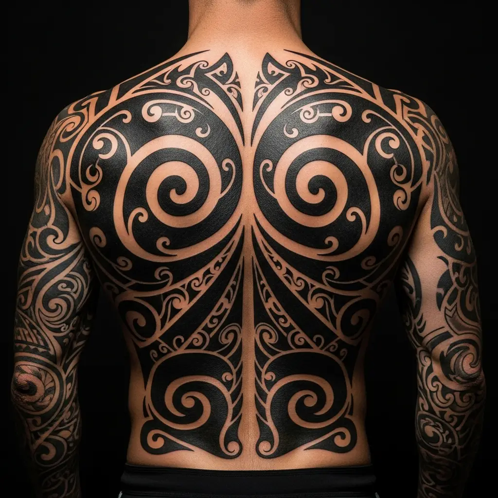 Maori-inspiriertes Tribal Tattoo mit Spiralen auf dem Rücken