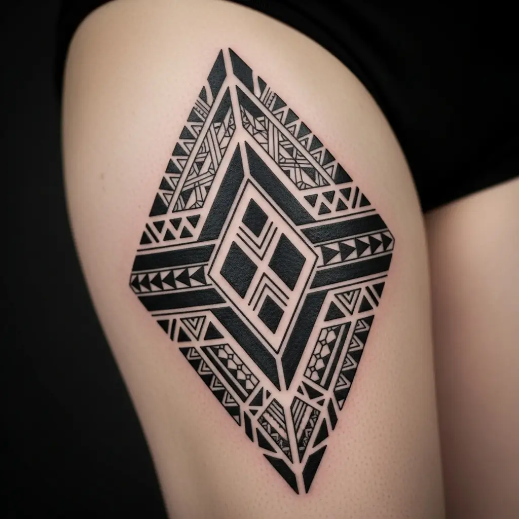 Modernes Tribal Tattoo mit geometrischen Flächen auf dem Oberschenkel