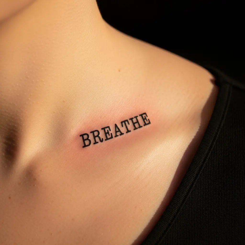Einzelnes Wort als Typewriter Tattoo auf dem Schlüsselbein einer Frau