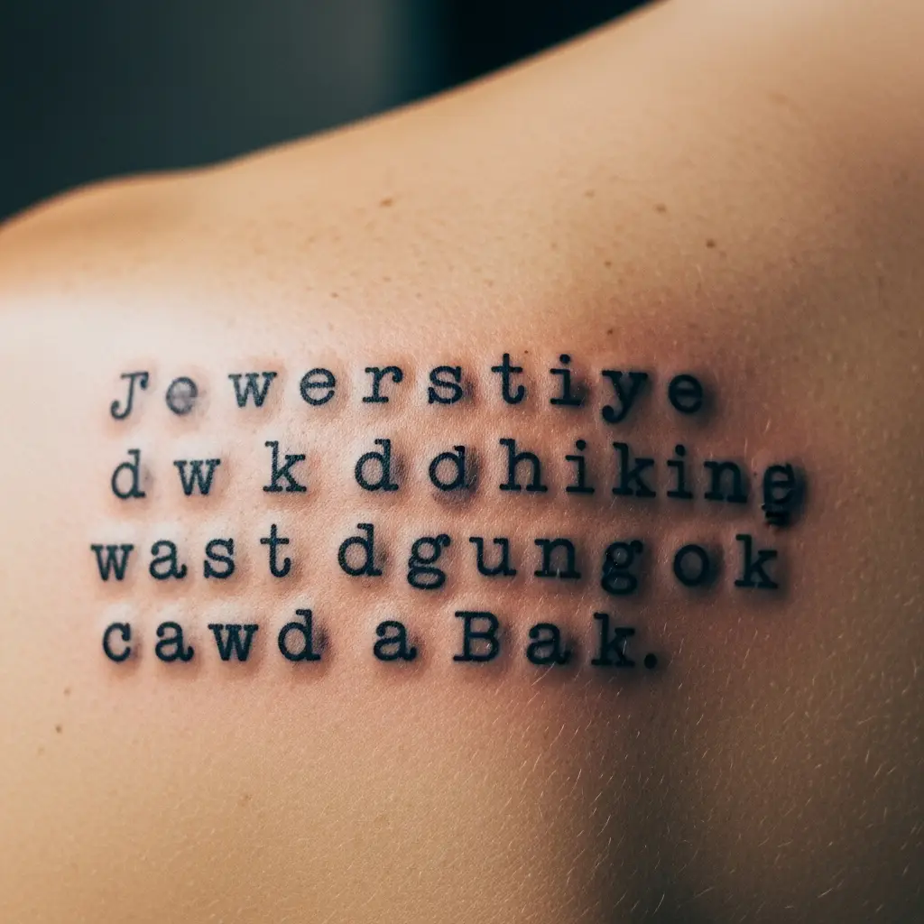 Mehrzeiliges Typewriter Tattoo mit verblasster Tintenoptik auf dem Schulterblatt