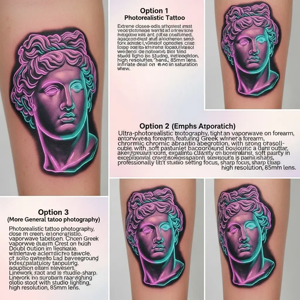 Vaporwave Tattoo mit antiker Büste in Magenta und Cyan auf Unterarm