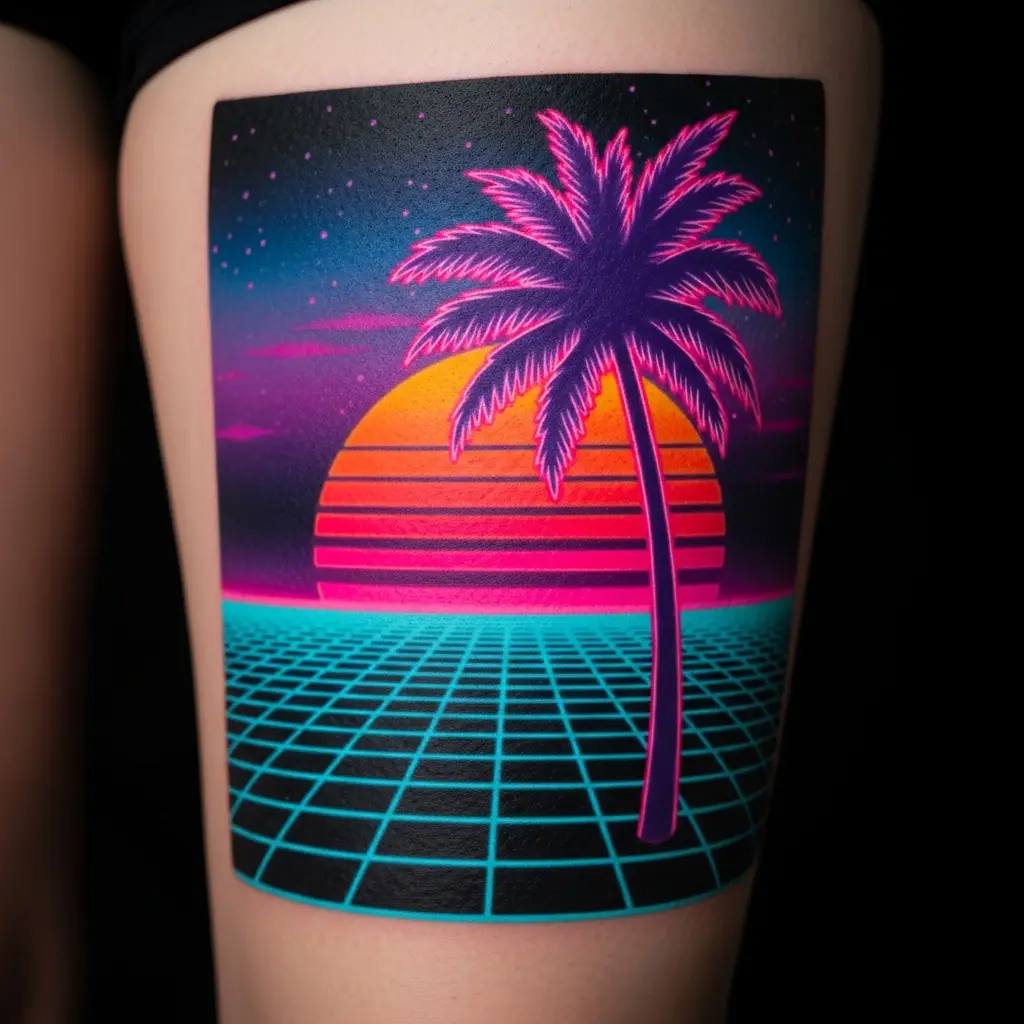 Vaporwave Tattoo mit Rasterebene und Sonnenuntergang auf Oberschenkel