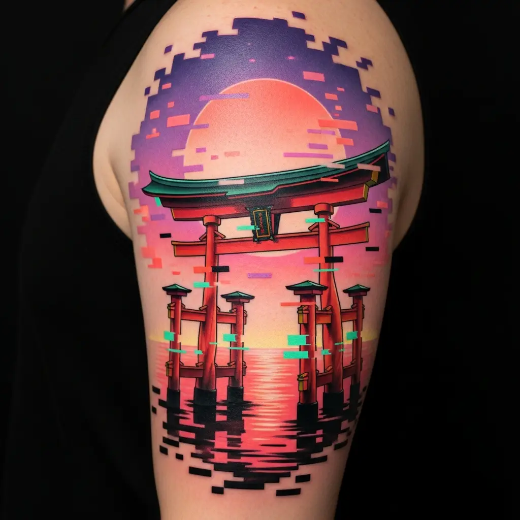 Vaporwave Tattoo mit Glitch-Effekt und japanischem Torii-Tor auf Oberarm