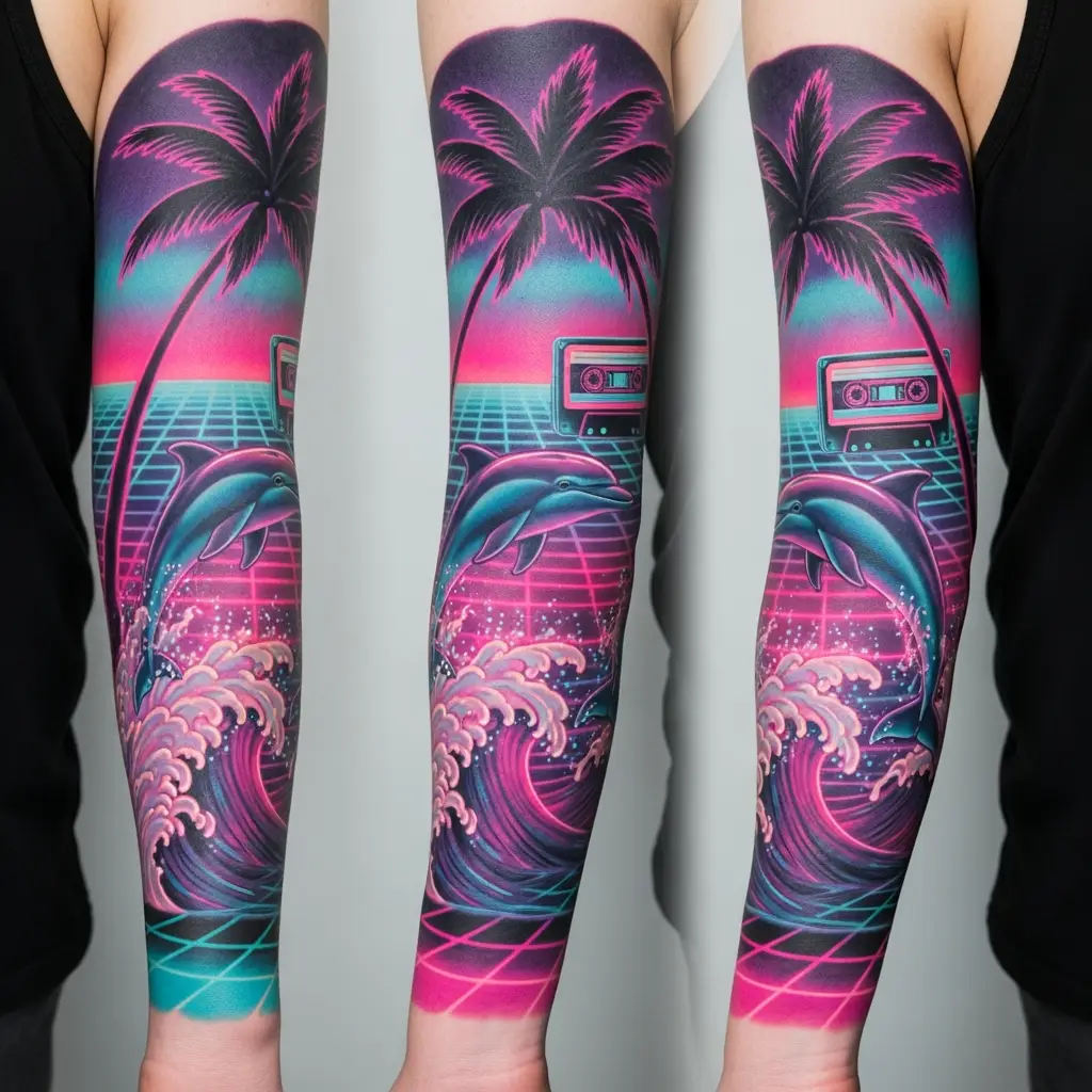 Vaporwave Tattoo Sleeve mit Palmen, Delfinen und Neon-Farbverläufen