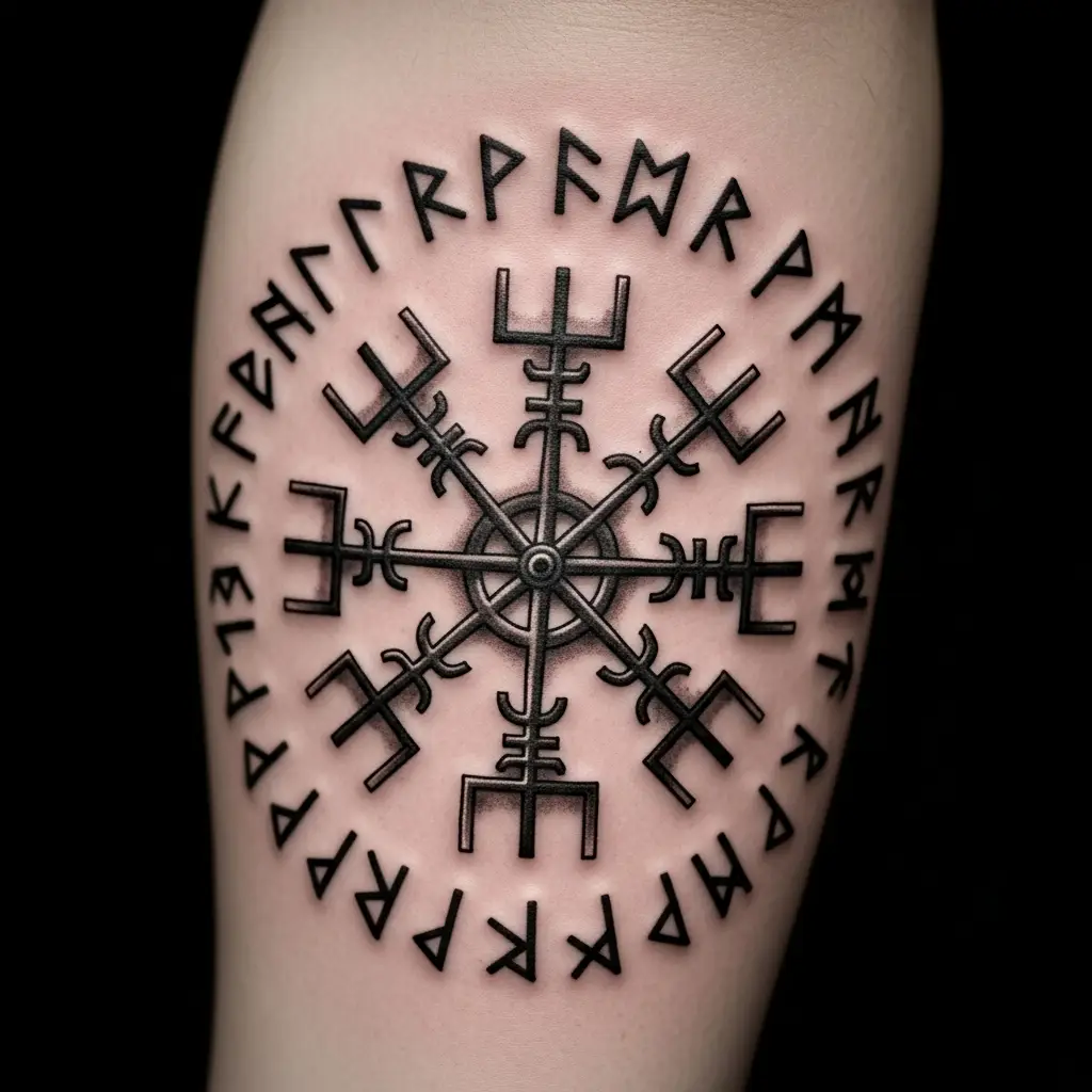 Viking Tattoo mit Vegvisir und nordischen Runen auf dem Unterarm