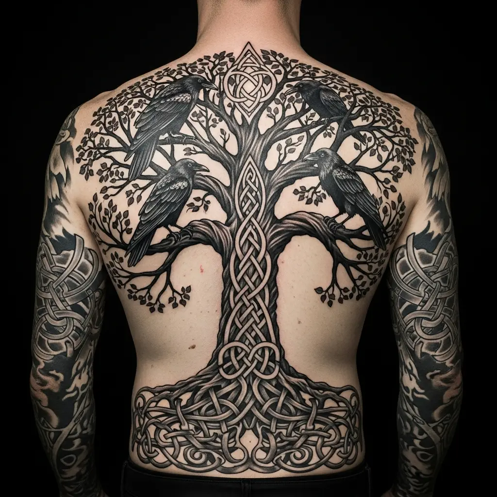 Viking Tattoo mit Yggdrasil Weltenbaum als grosses Rückenmotiv in Schwarz-Grau