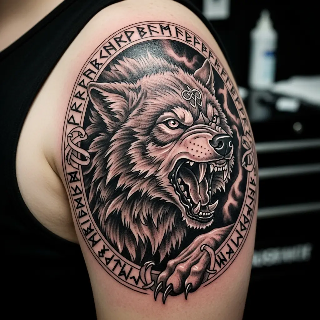 Viking Tattoo mit Fenriswolf und Runenband auf der Schulter in Blackwork