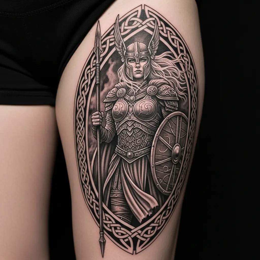 Viking Tattoo mit Walkuere und nordischem Flechtmuster auf dem Oberschenkel