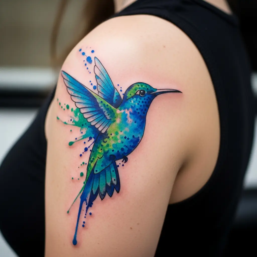 Watercolor Tattoo eines Kolibris mit leuchtenden Blautönen auf dem Schulterblatt