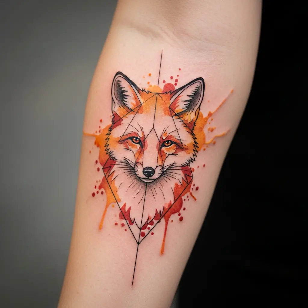 Watercolor Tattoo mit geometrischem Fuchs-Motiv und Farbspritzern auf dem Unterarm