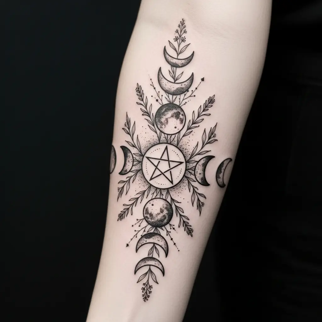 Witchy Tattoo mit Mondphasen und botanischen Elementen am Unterarm