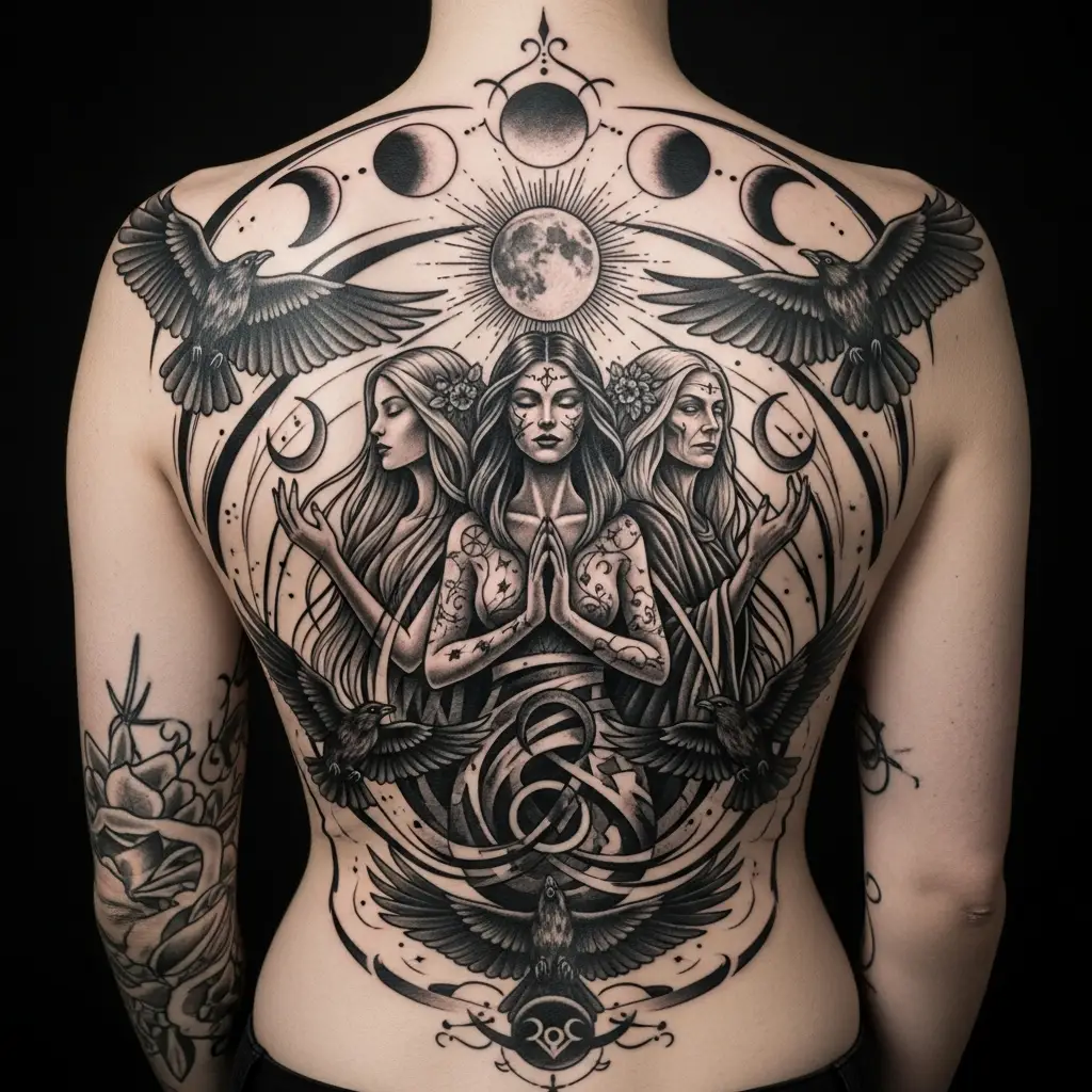Grosses Witchy Tattoo mit Hexengöttin und Raben auf dem Rücken