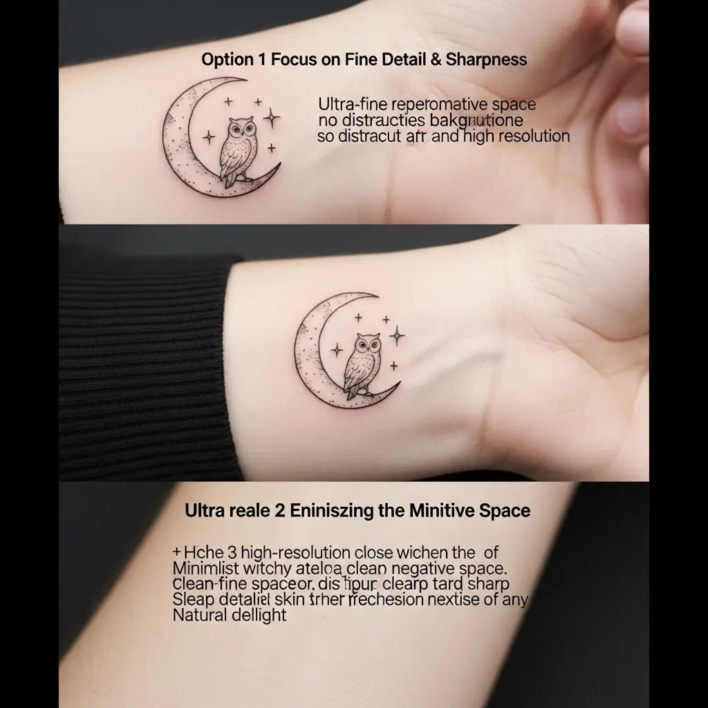 Minimalistisches Witchy Tattoo mit Eulenmotiv und Mondsichel am Handgelenk
