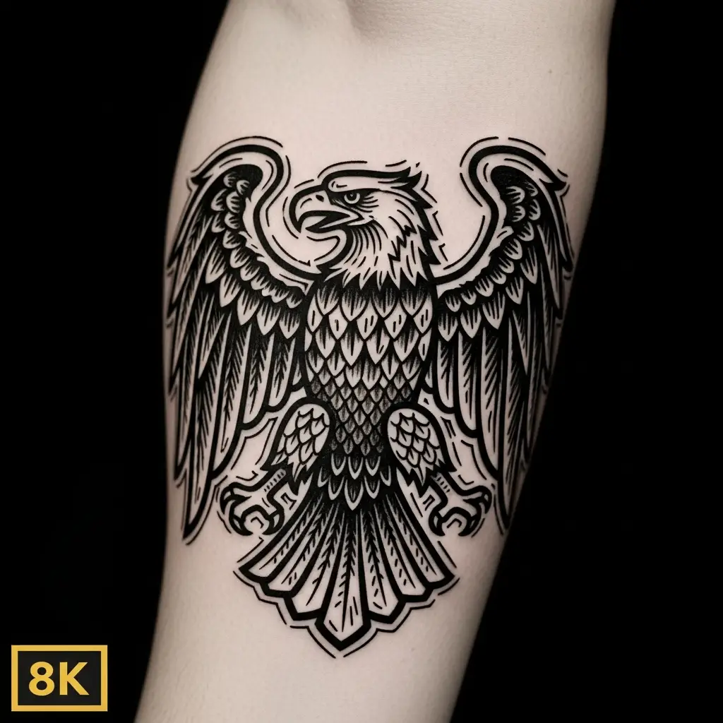 Woodcut Tattoo mit mittelalterlichem Adlermotiv und Schraffurtechnik auf dem Unterarm