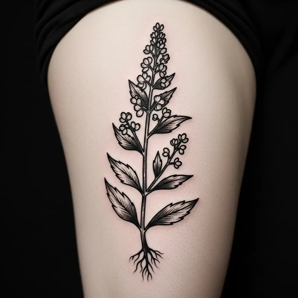 Woodcut Tattoo mit botanischem Kräutermotiv und groben Druckgrafik-Linien auf dem Oberschenkel