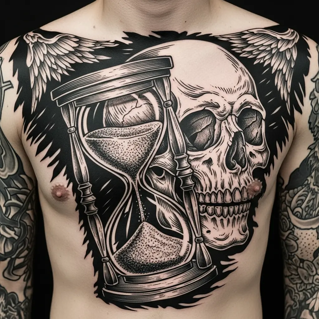 Grossflächiges Woodcut Tattoo mit Totenschädel und Vanitas-Symbolen auf der Brust