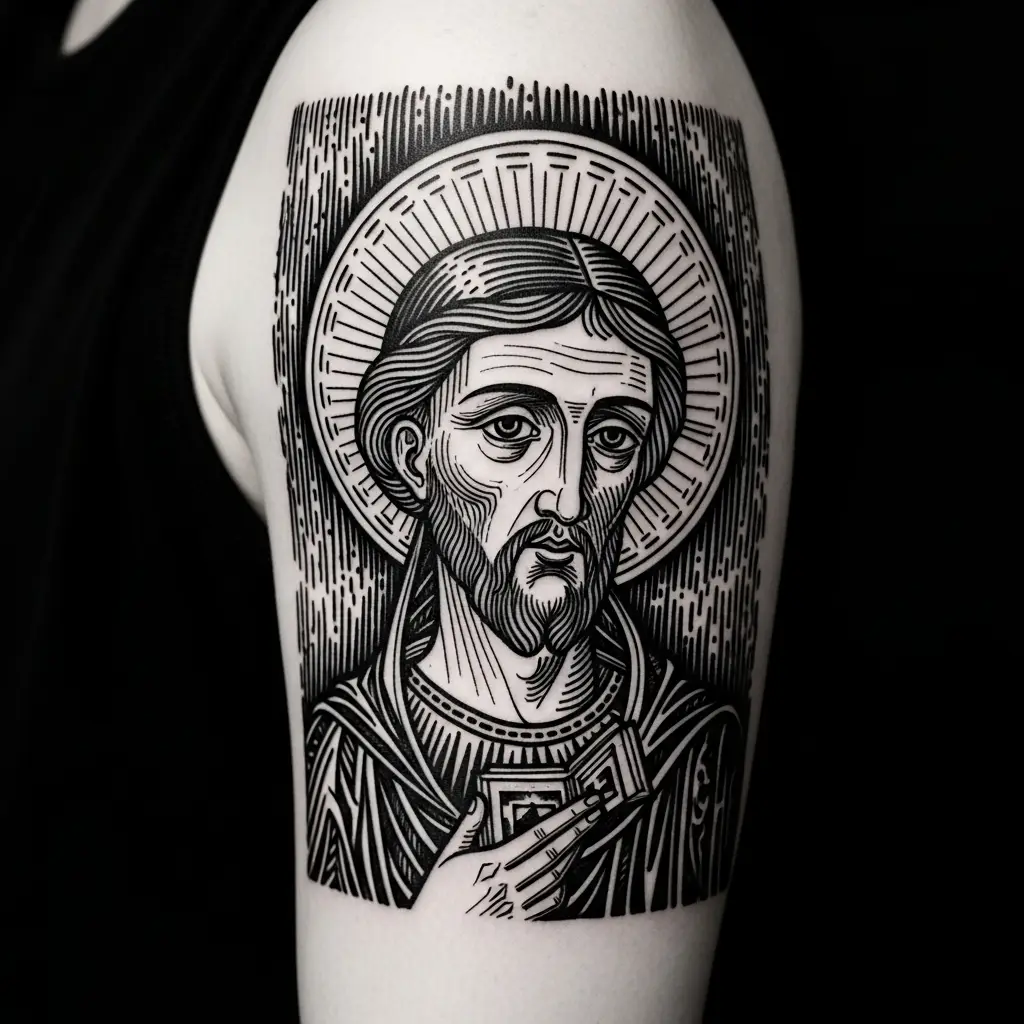 Woodcut Tattoo mit mittelalterlichem Heiligen-Porträt und Schraffur-Hintergrund auf dem Oberarm